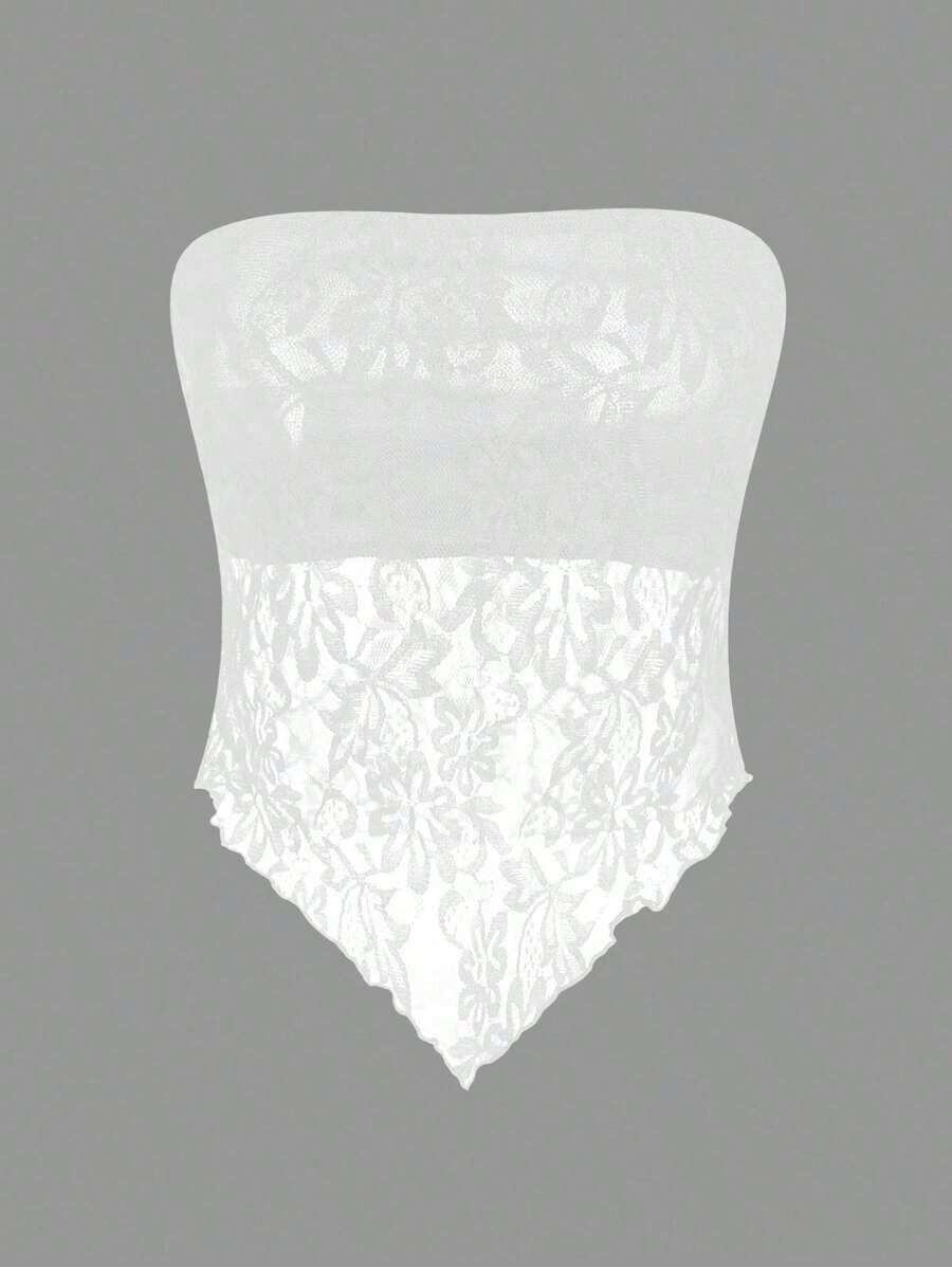 Top bandeau ajustado con bajo asimétrico de tela de encaje sexy y casual, color marrón - Blanco - Ver 1