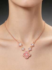 1 paquete/3 piezas - Elegante conjunto de joyería con hoja de trébol brillante, collar chapado en oro rosa con cristal, aretes de botón y pulsera ajustable, joyería elegante para uso diario y de fiesta para mujeres - Juego (3 piezas) - Ver 4