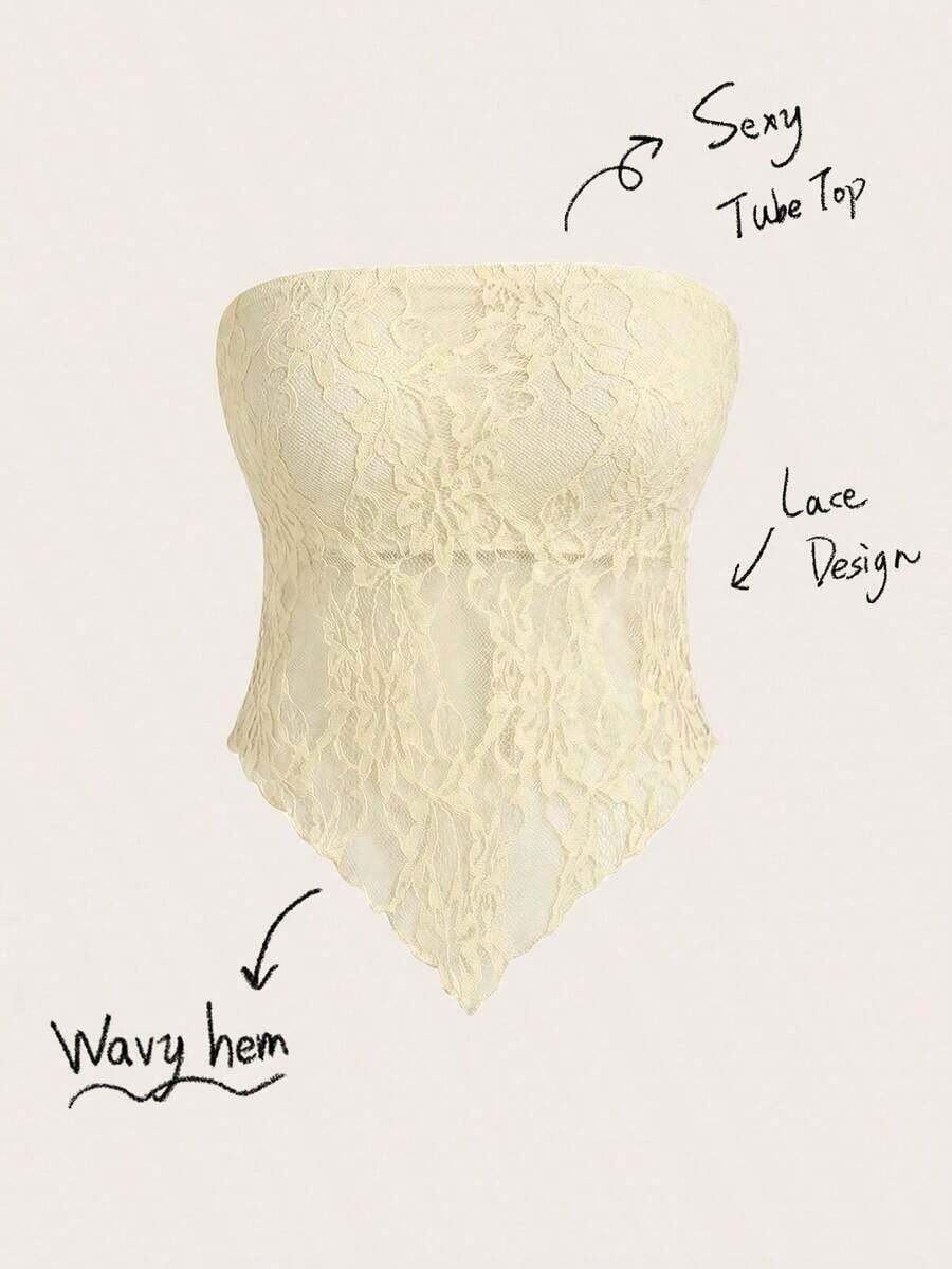 Top bandeau ajustado con bajo asimétrico de tela de encaje sexy y casual, color marrón - Amarillo claro - Ver 1