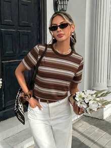 Camiseta holgada de cuello redondo y manga corta de estilo minimalista casual para mujer, con estampado de rayas, conjunto de ocio para mujer - Multicolor 2 - Ver 4