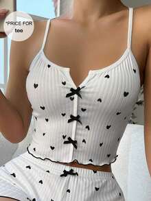 Top de pijama de mujer con estampado de corazones y decoración de moño - Blanco y Negro - Ver 7