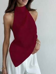 Top sin espalda con cuello halter y bajo asimétrico de unicolor púrpura para mujer, verano, vacaciones.Sencillo y elegante para uso diario y oficina. - Rojo - Ver 3