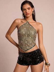 Glamour Nuevo top de verano bohemio de mujer para vacaciones, con escote halter sin espalda y tela con cuentas especiales en la espalda.Vestido de vuelta al colegio, vestidos de mujer para salir, tops de mujer estilo Y2K lindos - Amarillo - Ver 5