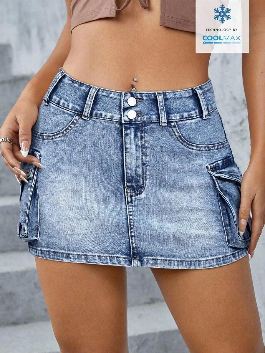 Minifalda de tela vaquera de tiro bajo, de moda para el verano - Azul - Ver 1