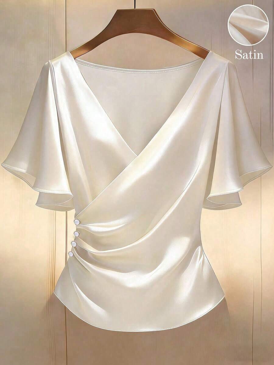 Blusa de satén elegante, blusa de manga corta, blusa de cuello en V, blusa de uso diario - Albaricoque 2 - Ver 1