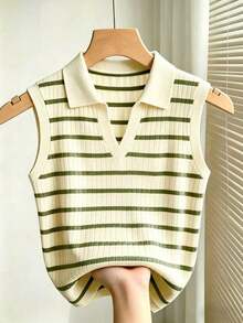 Chaleco de punto de rayas con cuello para mujer, elegante y casual - Multicolor 2 - Ver 4