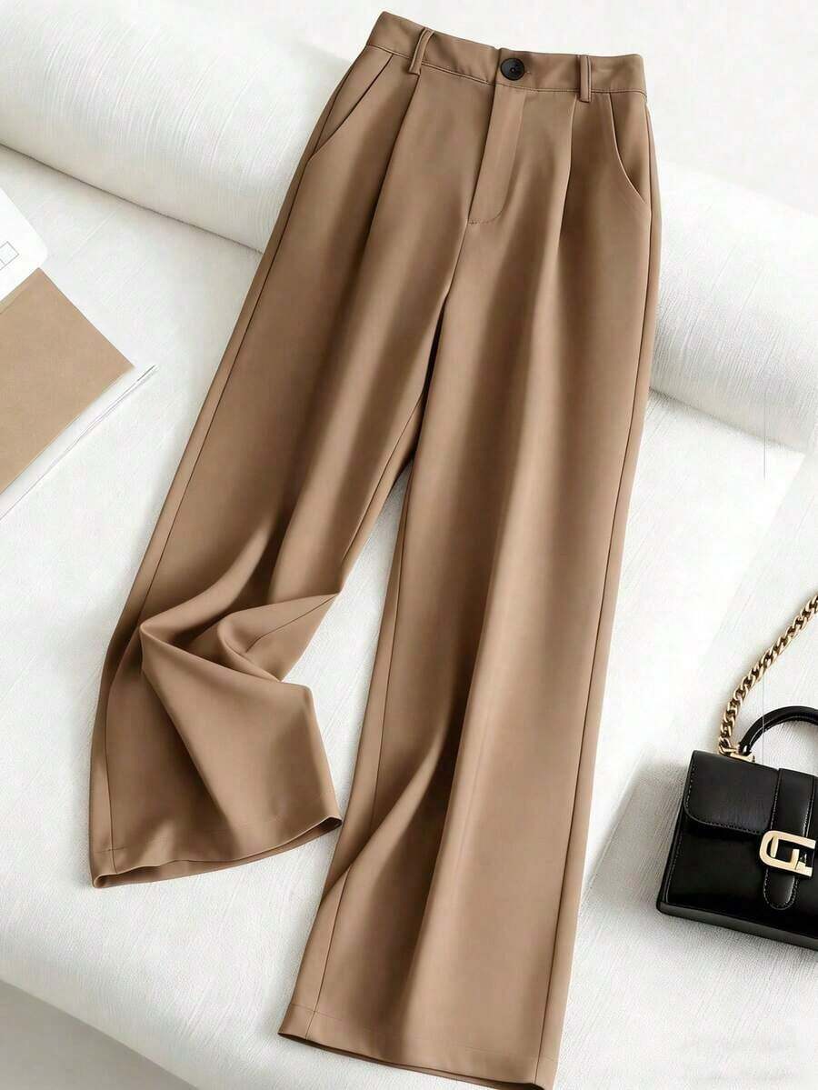Pantalones casuales de mujer de unicolor con bolsillo oblicuo y pliegues - Marrón Mocha - Ver 1