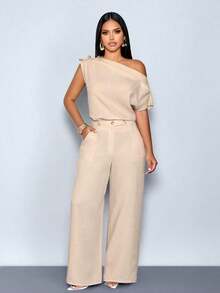 Blusa elegante de un solo hombro con botones metálicos, sin mangas, de unicolor, para uso en la oficina, citas, eventos y uso diario modesto - Albaricoque - Ver 8