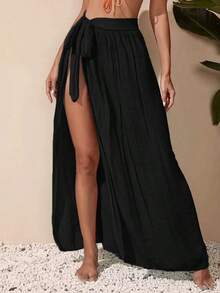 Falda cover up de cintura con cordón - Negro - Ver 1