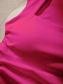 Camiseta ajustada con cuello cuadrado acolchado para mujer, primavera/verano - Rosa Fucsia - Ver 4