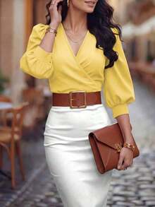 Blusa corta de mujer con cuello en V, manga de pétalo con lunares, cintura ceñida, nueva para primavera/verano - Amarillo claro - Ver 6