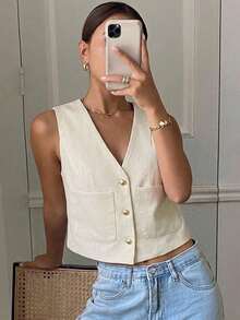 Chaqueta ajustada sin mangas de cuello redondo de unicolor para mujer, primavera y verano - Albaricoque - Ver 7
