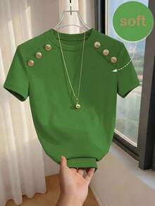 Camiseta ajustada de mujer de manga corta con cuello redondo y decoración de botones en color albaricoque sólido, adecuada para uso diario, casual y versátil, para verano - Verde - Ver 1