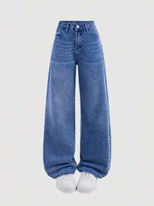 Jeans sencillos de uso diario con estampado de bigotes de gato para niñas adolescentes - Azul lavado medio - Ver 5