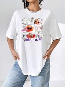 El estampado muestra una divertida expresión de sorpresa con ilustraciones coloridas que transmiten energía juvenil y buen humor ideal para un look casual moderno camiseta de mujer  cómoda y suave para uso diario - Blanco - Ver 6