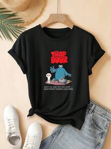 Camiseta de manga corta de ajuste regular para mujer - Diseño de estampado divertido de monstruo de dibujos animados geométrico 2D y puerta trampa de hongo, camiseta casual de manga corta y cuello redondo, adecuada para todas las estaciones, disponible en varios colores y tallas, moda festiva - Negro - Ver 2