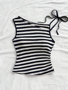 Parte superior ajustada de punto con cuello asimétrico a rayas rojas y blancas, adecuada para fiesta, Navidad, cita, playa, carnaval, verano - Multicolor 3 - Ver 4