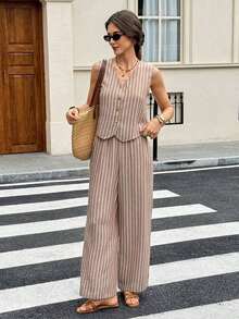 Frenchy 1 Conjunto de 2 Piezas: Top sin Mangas con Cuello en V y Botones Frontales y Pantalones Largos, Estilo Casual para Navidad y Verano - Marrón café 3 - Ver 5