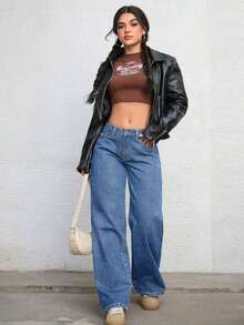 ICON Solid Color Wide Leg Pocket Jeans, Casual And Versatile - Medium Wash Blue 5 - View 10