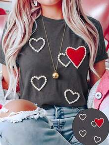 Camiseta Casual Blanca de Manga Corta y Cuello Redondo para Mujer con Adornos de Perlas y Corazón Rojo, Top de Tela Elástica de Poliéster a la Moda - Gris Oscuro - Ver 2