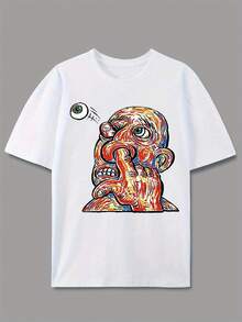 Camiseta estampado gráfico cara divertida abstracta ropa casual verano unisex moda urbana cuello redondo corte regular ligeramente elástica diseño estampado detalle de aplique - Blanco - Ver 9