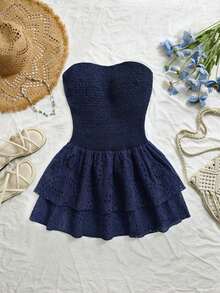 Vestido azul marino con cintura ceñida, plisado, sin tirantes, sexy, calado, con bordado y dobladillo fruncido, estilo vacaciones - Azul marino - Ver 5