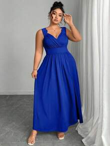 Elenzya Vestido línea A con cuello en V, contraste de encaje, tirantes finos y abertura para tallas grandes - azul real - Ver 4