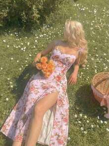 Vestido con abertura y lazo floral - Rosa - Ver 8