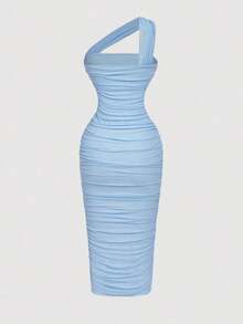 Vestido sin mangas con pliegues asimétricos de estilo vintage para mujer - Azul - Ver 2