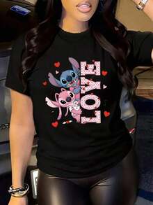 Camiseta de algodón negra de manga corta y cuello redondo con estampado de Stitch y Angel de  para mujer - Negro - Ver 1