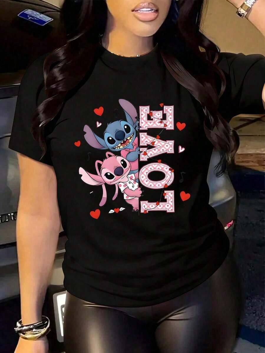 Camiseta de algodón negra de manga corta y cuello redondo con estampado de Stitch y Angel de  para mujer - Negro - Ver 1