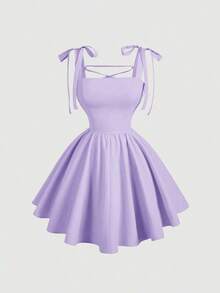 Vestido rosa romántico con espalda descubierta y lazo, adecuado para citas, fiestas, vacaciones, meriendas de té y ocasiones de cumpleaños - Lila Púrpura - Ver 5