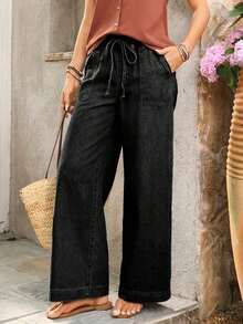 Jeans de pierna ancha con cintura con cordón y bolsillos, de uso versátil y casual para uso diario - Negro - Ver 6