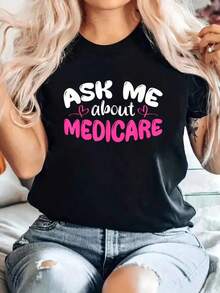 Camiseta casual de verano para mujer, camiseta de marketing para agentes de seguros de salud femeninos con gráficos de atención médica, camiseta casual de manga corta con cuello redondo, negra con letras rosas, lavable a máquina, vestido de verano de talla grande, camiseta elegante y a la moda. - Negro - Ver 6
