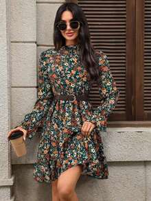 Vestido corto casual de manga larga con cuello alto y estampado floral para mujer - Verde - Ver 8