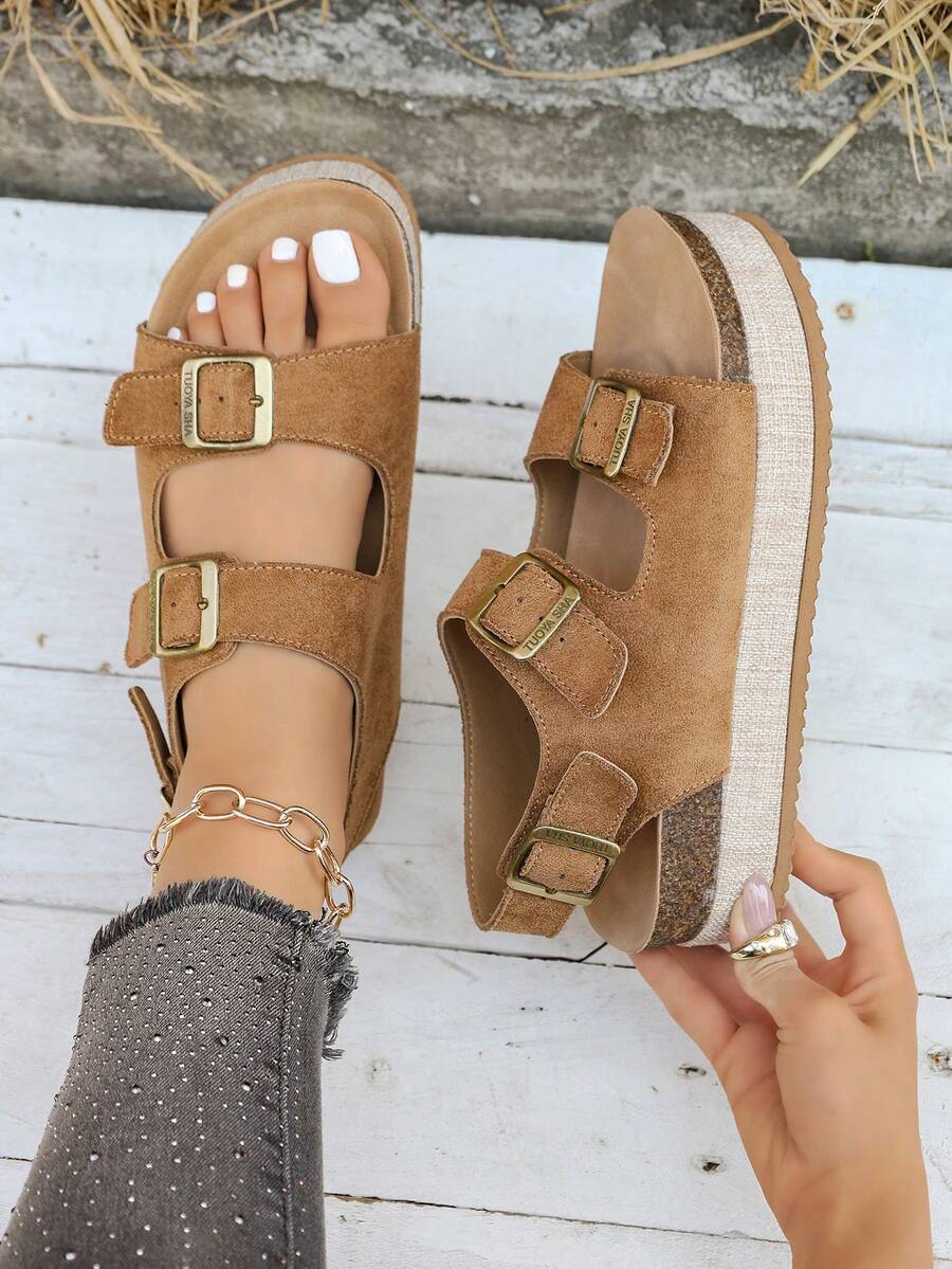 Adjustable Women's Woven Straw Pattern Sandals, Women's Double Strap Buckle Back Strap Open Toe Thick Bottom Casual Shoes, Wedge Heels