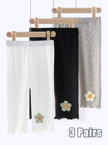 3pcs Black, White & Gray Minimalist Style Leggings, Sweet Minimalist Design. Minimalist Style Girls' 3/4 Leggings, Suitable For Summer Wear, Breathable & Comfortable, Decorated With Cute Floral Prints. - Multicolor - View 8