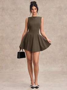 Vestido negro sólido, minimalista y sexy de corte evasé en tono burdeos para mujer, vestido para citas, vestido de dama de honor corto, vestido negro elegante para primavera/verano - Marrón - Ver 6