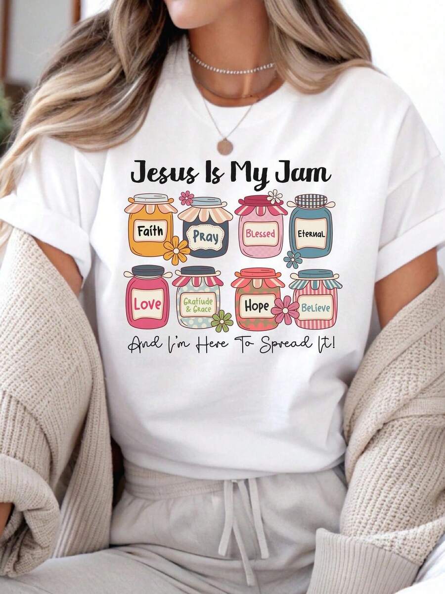 Jesus Is My Jam T-Shirt, Spread The Faith And Love Sweatshirt, Inspirational Christian T-Shirt. Unisex 220g Pure Cotton T-Shirt. Ideal Weight For All Seasons, Suitable For Men And Women. Durable, High-Quality Fabric, Soft To The Touch And Long-Lasting. Breathable Top. Suitable For Women's Spring And Summer, Holidays, Mother's Day, And Independence Day. - 白色 - 查看 1