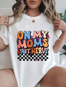 Camiseta Casual de Mujer con Estampado de Cuadros Vintage "On My Moms Last Nerve", Adecuada para Todas las Temporadas  
 BlackFashion - Blanco - Ver 7