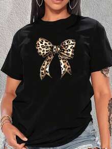 Playera mujer algodón suave con estampado lazo estilo animal print leopardo, cuello redondo, manga corta casual y diseño moderno para uso diario y ocasiones informales - Negro - Ver 1