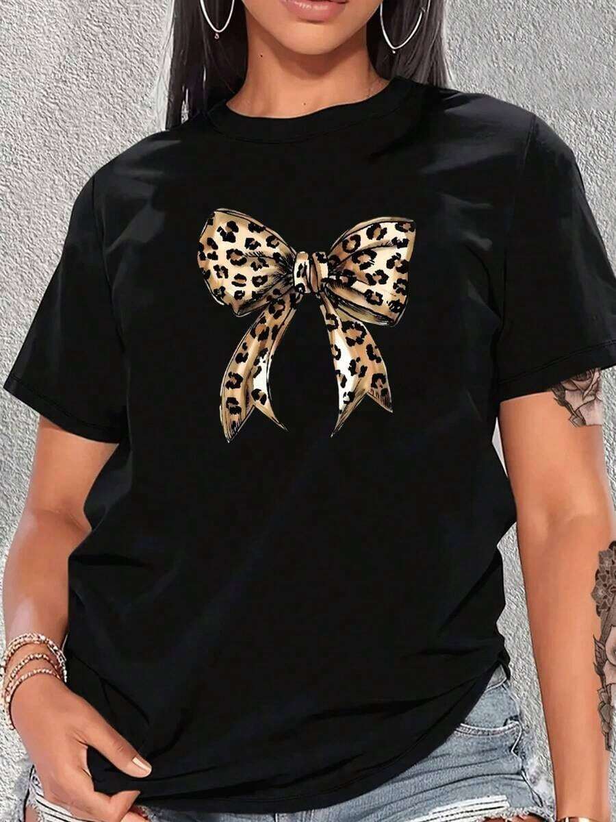 Playera mujer algodón suave con estampado lazo estilo animal print leopardo, cuello redondo, manga corta casual y diseño moderno para uso diario y ocasiones informales - Negro - Ver 1
