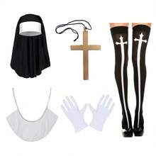 4件套万圣节服装，包括头巾、十字架、长筒袜、传教士服，适合单人派对、化装舞会、角色扮演 - 彩色 - 查看 11