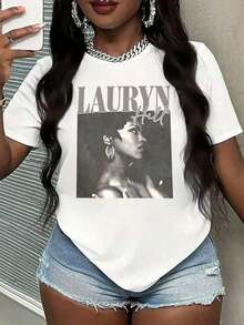 Women's Vintage T-Shirt 100% Cotton With Lauryn Hill Portrait Print, 100% Cotton, Soft And Breathable, Casual Short Sleeve Top, Easy To Match For Summer Or Everyday Comfort. - 白色 - 查看 7