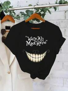 Camiseta Gráfica de Calidad Premium con Estampado de Letras, Cuello Redondo, Manga Corta, Estilo Casual, Primavera Verano, Moda Casual para Mujer, Camisetas Vintage - Negro - Ver 7