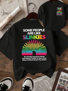 Frase humorística colorida que compara personas con resortes mostrando esperanza movimiento alegría y diversión con letras brillantes y fondo oscuro camiseta de mujer de impresión doble moderna casual - Negro - Ver 1