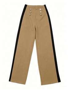 1pc Women's Fashion Versatile Contrast Color Front Zip High Waist Straight Leg Casual Pants, Black Office Work Trousers, Spring/Summer - Khaki - View 8