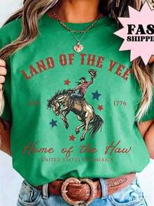Camiseta del 4 de julio, Camiseta de EE. UU., Camiseta del 4 de julio, Camiseta Yee Haw, Camiseta de vaquero, Camiseta del 4 de julio estilo western, Camiseta Land Of The Yee, Camiseta de algodón 100% de manga corta, estilo clásico, de algodón grueso, con estampado gráfico, Top casual de manga corta para mujer, Nueva camiseta elegante, Camisetas casuales de manga corta para hombre y mujer - Camiseta unisex de algodón holgada de manga corta y cuello redondo, estilo vintage urbano. - Verde - Ver 3