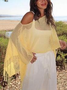Women's Casual Beach And Sandal Resort Sexy Style Simple Solid Color Openwork Fabric Shoulder-Sleeved Bottom Fringed Versatile Blouse Vacation Summer - Yellow - View 4