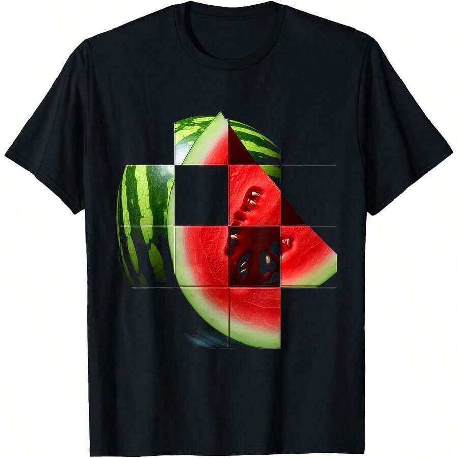 Camiseta de Verano para Mujer, Estilo Vintage con Estampado Gráfico de Sandía, para Todas las Temporadas, 100% Algodón, Estampado en una Sola Cara, Cuello Redondo, Manga Corta, Unisex, Capa Base, Moderna, Fresca y Cómoda - Negro - Ver 1
